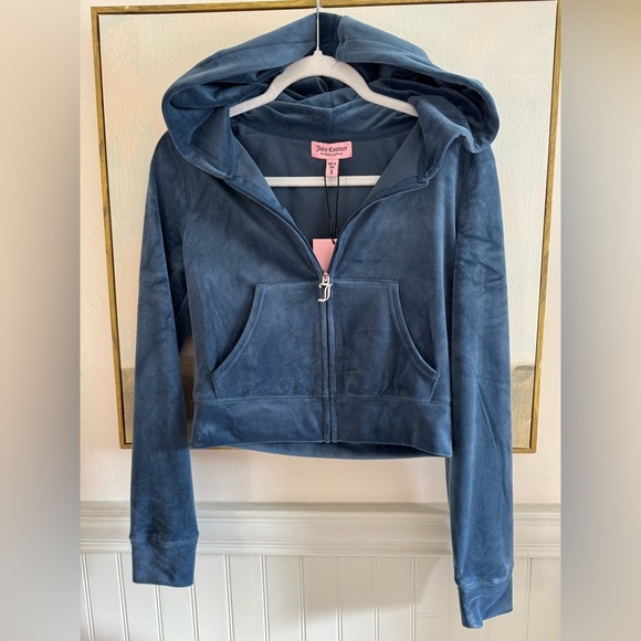 JUICY COUTURE Womens Classic Rhinestone Juicy Velour Hoodie Midnight Sea Sz Sm - Picture 4 of 8